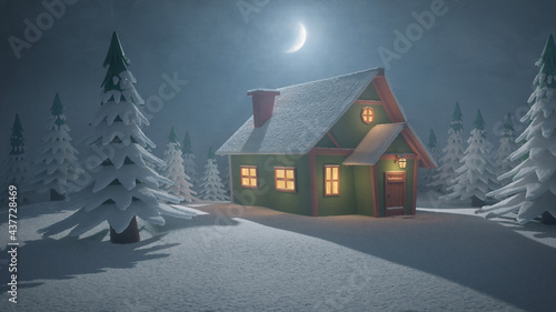 Stylized abstract advent background 3d illustration with cabin in forest © rasica