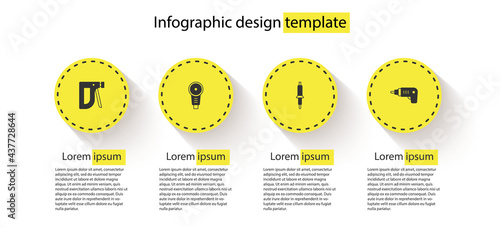 Set Construction stapler, Angle grinder, Soldering iron and Electric cordless screwdriver. Business infographic template. Vector