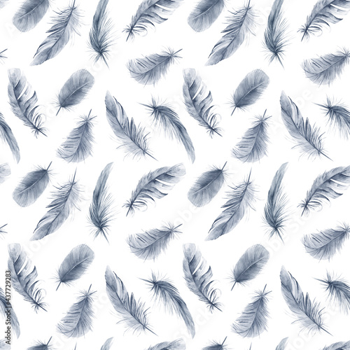 Watercolor feathers abstract seamless pattern. Hand drawn illustration on white background