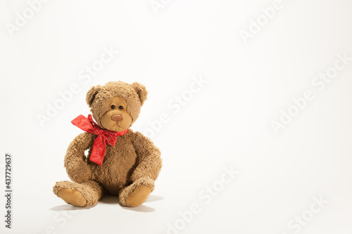 A toy teddy bear sitting on the white background with copy space.