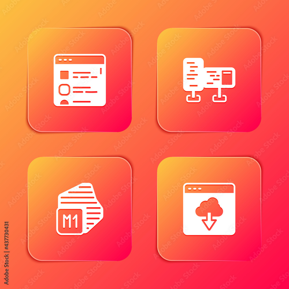 Set Browser files, Computer monitor screen, Processor and Cloud technology data transfer icon. Vector