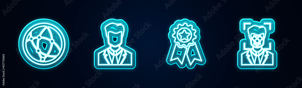 Set line Social network, User of man in business suit, Medal with star and Face recognition. Glowing neon icon. Vector Set line Social network, User of man in business suit, Medal with star and Face recognition. Glowing neon icon. Vector