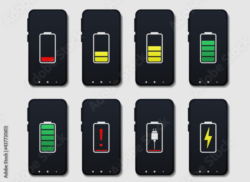 Set of smartphones with battery charge level indicators. Smartphones with low and full battery. Mobile smartphones charging. Discharged smartphone battery. Illustration vector