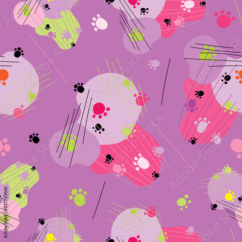 Abstract repeating pattern of multicolored stripes, animal footprints and spots