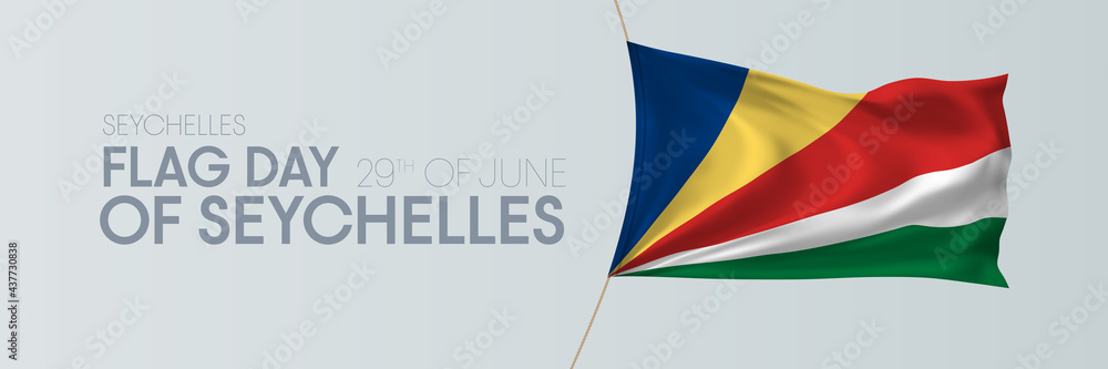 Seychelles flag day vector banner, greeting card. Wavy flag in 29th of June national patriotic holiday horizontal design