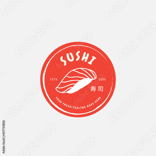 Sushi logo template. Japanese traditional cuisine, tasty food icon. japanese text translation "sushi". asian sushi bar vector logo.