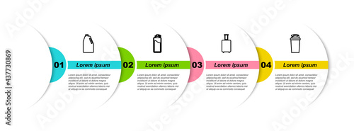 Set line Household chemicals bottle, Sport with water, Travel suitcase and Fitness shaker. Business infographic template. Vector