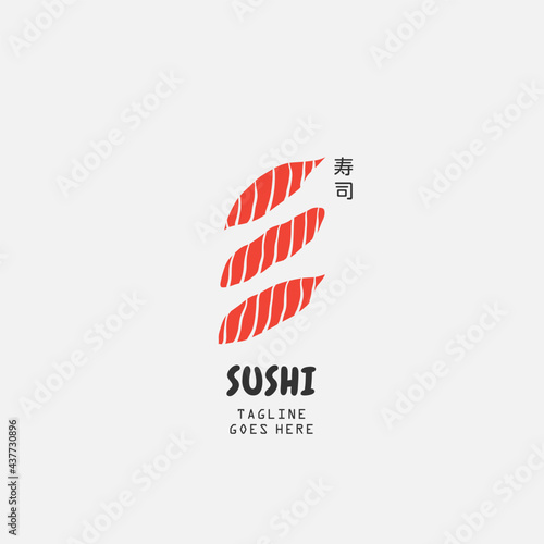 Sushi logo template. Japanese traditional cuisine, tasty food icon. japanese text translation "sushi". asian sushi bar vector logo.