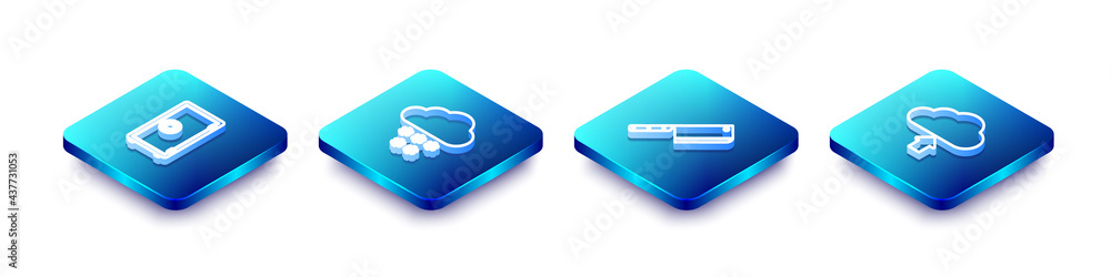 Set Isometric line Safe, Cloud with snow, Meat chopper and upload icon. Vector Set Isometric line Safe, Cloud with snow, Meat chopper and upload icon. Vector