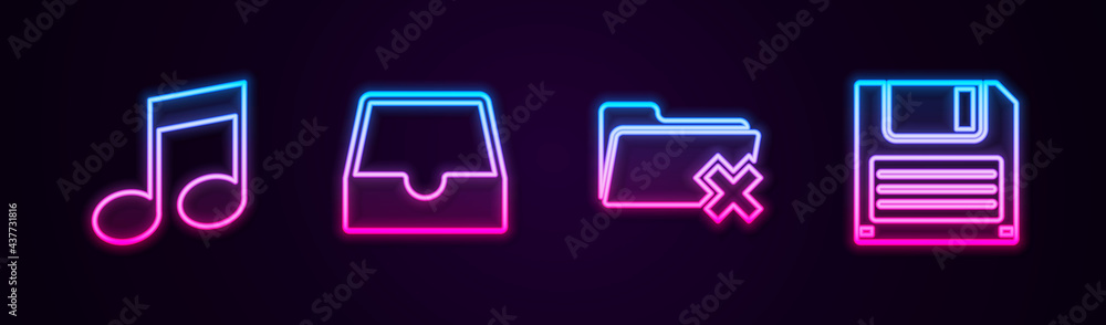 Set line Music note, tone, Social media inbox, Delete folder and Floppy disk. Glowing neon icon. Vector Set line Music note, tone, Social media inbox, Delete folder and Floppy disk. Glowing neon icon. Vector