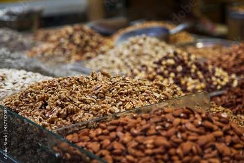 Variety of nuts in the Mahane Yehuda Market in Jerusalem