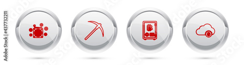 Set line ASIC Miner, Pickaxe, Proof of stake and Cryptocurrency cloud mining. Silver circle button. Vector