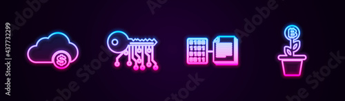 Set line Cryptocurrency cloud mining, key, Smart contract and Bitcoin plant the pot. Glowing neon icon. Vector