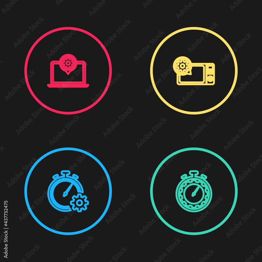 Set line Time management setting, , Microwave oven and Laptop icon. Vector Set line Time management setting, , Microwave oven and Laptop icon. Vector
