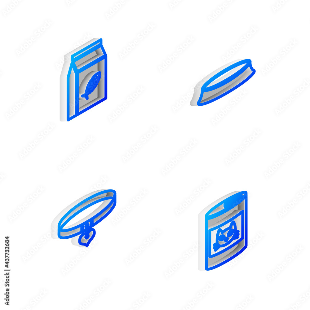Set Isometric line Pet food bowl, Bag of for cat, Collar and heart and Canned icon. Vector Set Isometric line Pet food bowl, Bag of for cat, Collar and heart and Canned icon. Vector