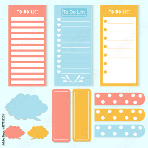 Cute paper notes. Stationary set. Scrapbook notes and cards.Printable planner stickers. To Do List note. Template for your message. Decorative planning element. Vector illustration.