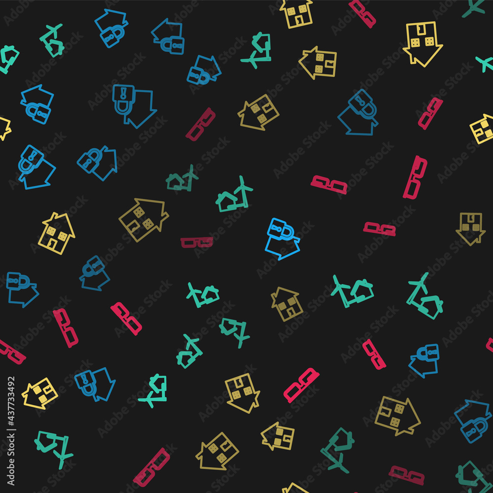 Set line House under protection, with wind turbine, and Smart glasses on seamless pattern. Vector Set line House under protection, with wind turbine, and Smart glasses on seamless pattern. Vector