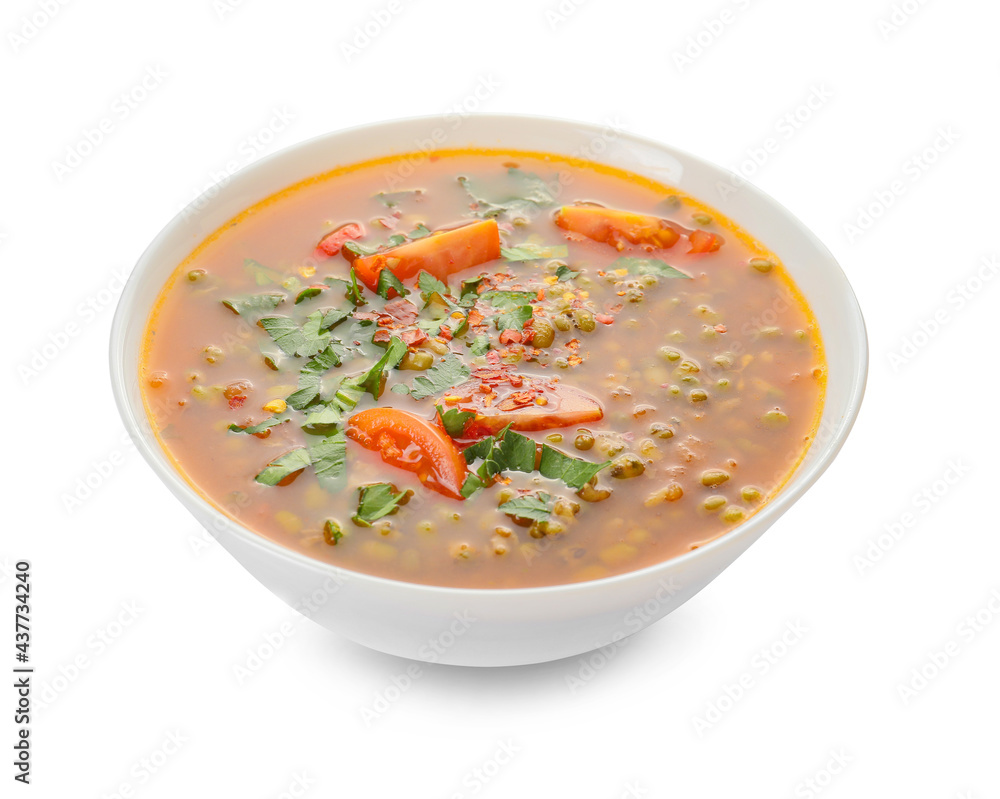 Bowl of tasty lentil soup on white background Bowl of tasty lentil soup on white background