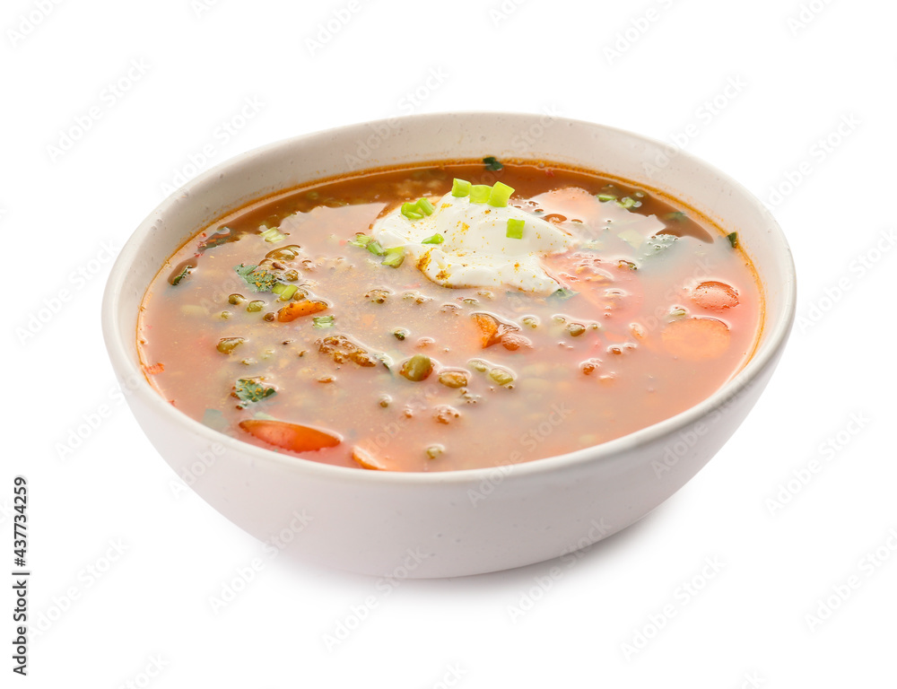 Bowl of tasty lentil soup on white background Bowl of tasty lentil soup on white background