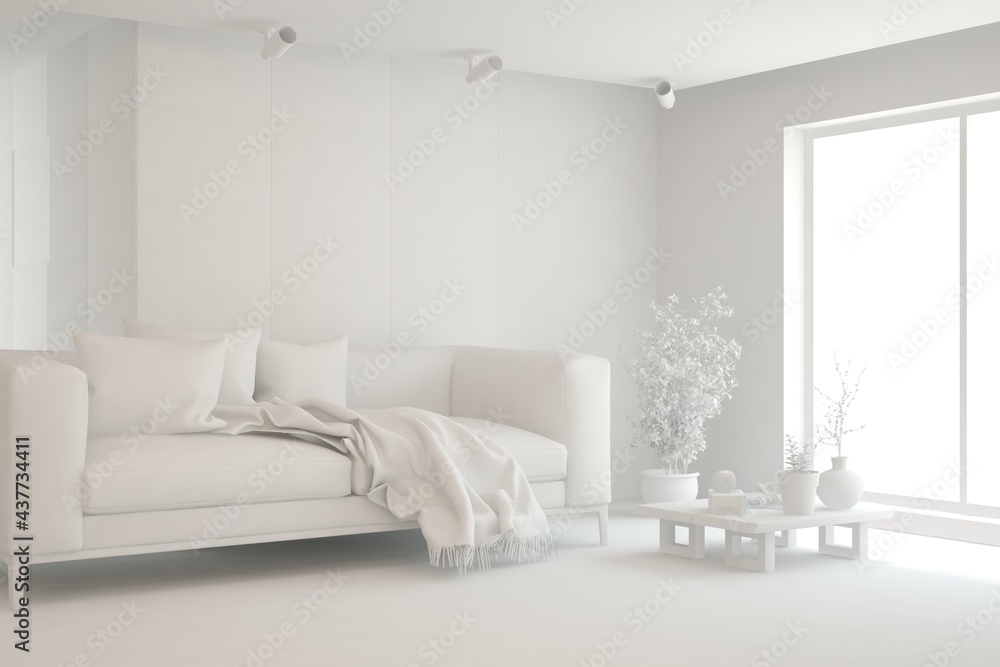 Fototapeta premium White minimalist living room with sofa. Scandinavian interior design. 3D illustration