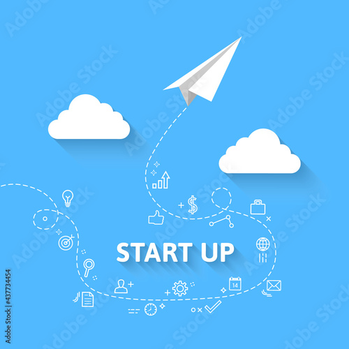 Startup concept with paper plane. Airplane flying, blue sky, white clouds. Start up, project and related icons along the way. Vector illustration in minimalist style and flat design.