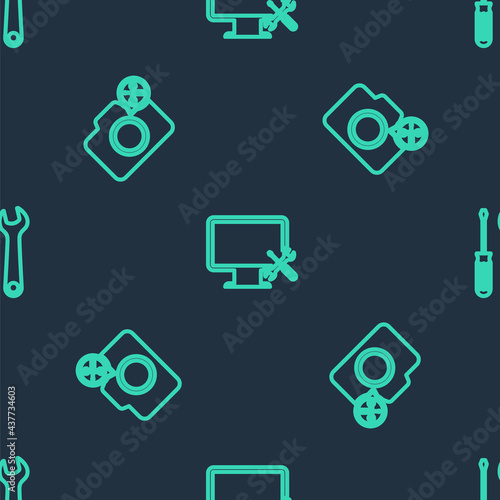 Set line Computer monitor service, Photo camera and Screwdriver and wrench on seamless pattern. Vector
