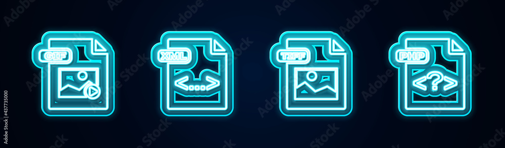 Set line GIF file document, XML, TIFF and PHP. Glowing neon icon. Vector Set line GIF file document, XML, TIFF and PHP. Glowing neon icon. Vector
