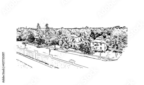 Building view with landmark of Grand Forks is a city in North Dakota. Hand drawn sketch illustration in vector.