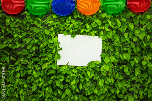 Weisses Blatt Papier in Einer Hecke mit Lampions