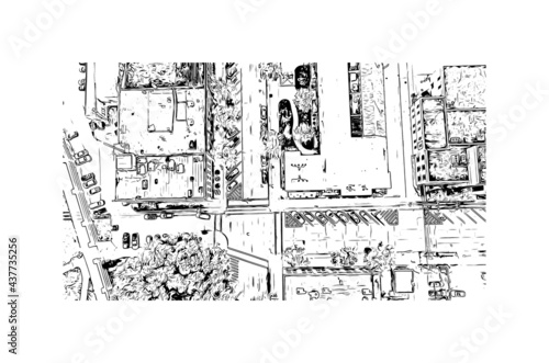Building view with landmark of Grand Forks is a city in North Dakota. Hand drawn sketch illustration in vector.