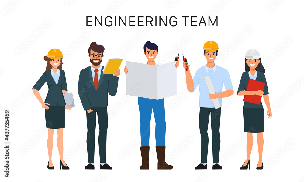 Obraz premium Engineering teamwork flat character. Animation cartoon vector.