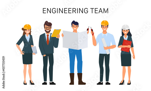 Engineering teamwork flat character. Animation cartoon vector.