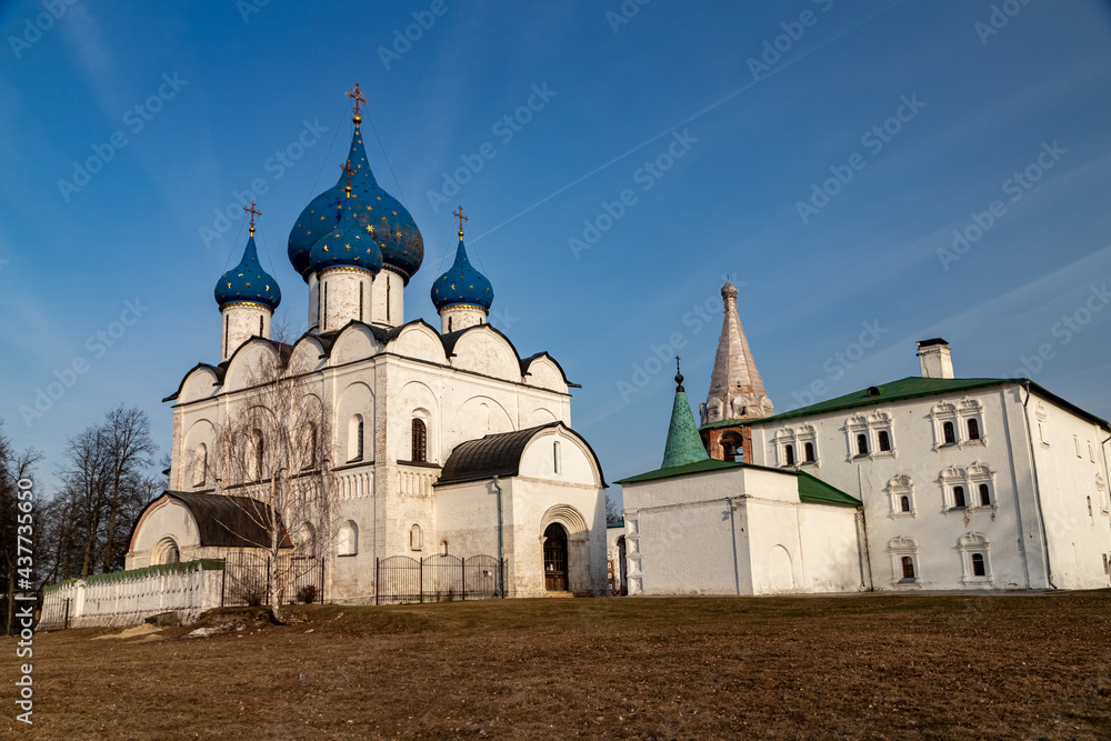 Cathedral of the Nativity of the Most Holy Theotokos of the Suzdal Kremlin. Bogoroditsky Cathedral. To the Mother of God-the Nativity Cathedral. The temple with blue domes with gold stars Suzdal.