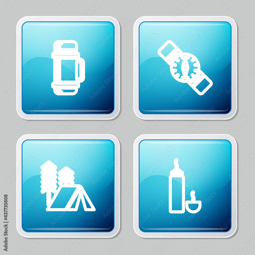 Set line Thermos container, Compass, Tourist tent and icon. Vector Set line Thermos container, Compass, Tourist tent and icon. Vector