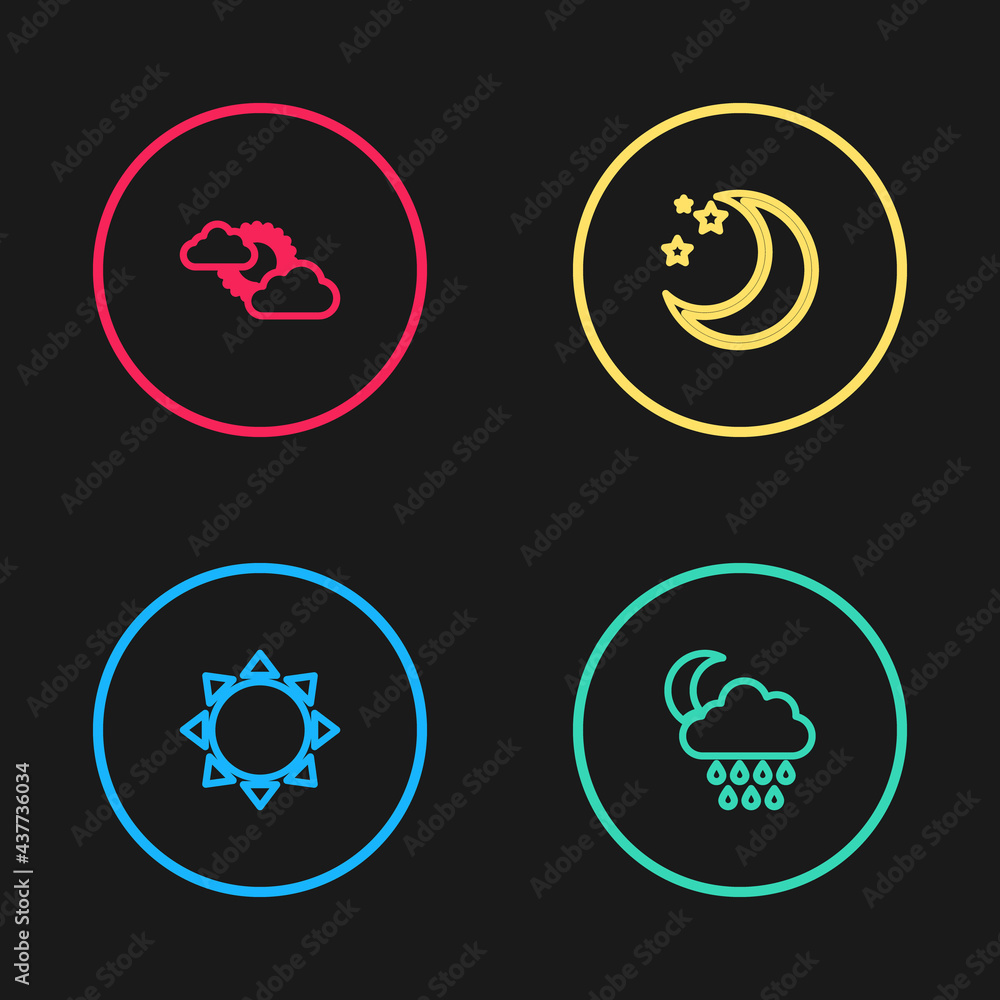 Set line Sun, Cloud with rain and moon, Moon stars and cloud weather icon. Vector Set line Sun, Cloud with rain and moon, Moon stars and cloud weather icon. Vector