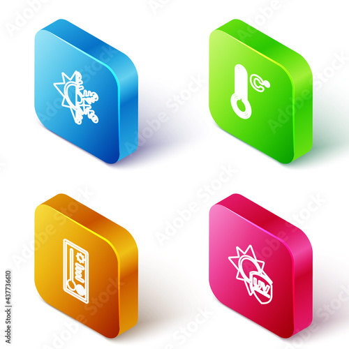 Set Isometric line Sun and snowflake, Meteorology thermometer, and UV protection icon. Vector
