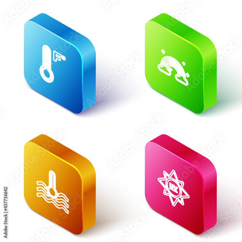 Set Isometric line Meteorology thermometer, Rainbow with clouds, Water and UV protection icon. Vector