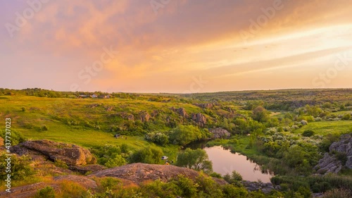 4k time lapse, sunset landscape at the Aktovsky canyon on the Mertvovod river. Vivid HDR scenery photo