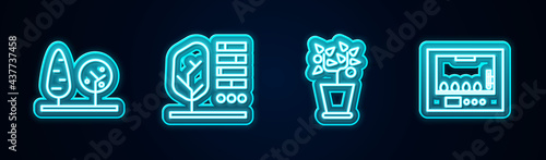 Set line Trees, Plant status, in pot and Incubator for eggs. Glowing neon icon. Vector