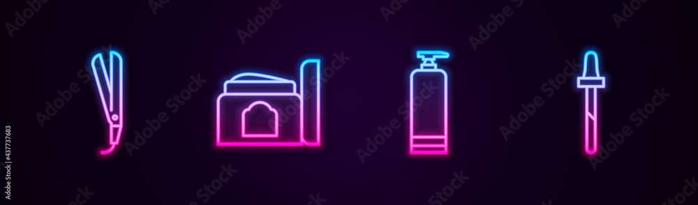 Set line Curling iron, Cream cosmetic tube, and Pipette. Glowing neon icon. Vector Set line Curling iron, Cream cosmetic tube, and Pipette. Glowing neon icon. Vector