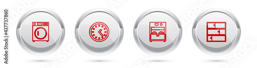 Set line Washer, Clock, Kitchen dishwasher machine and Shelf. Silver circle button. Vector