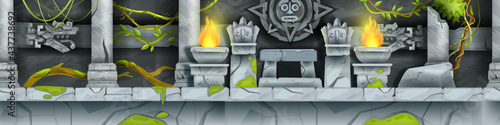 Stone Aztec temple, seamless vector cartoon Maya game landscape, ancient tomb interior, pillars. Archeology ruin illustration, stone altar, sun, liana, vine, totem face idols. Stone temple background