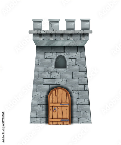 Old stone castle tower, vector medieval brick wall fortress, wooden door, loopholes. Fairytale game history building, gray donjon, window, city entrance. Castle tower isolated fantasy illustration