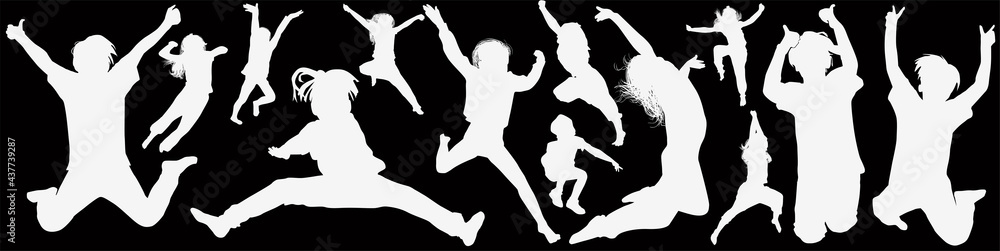 thirteen child silhouettes in motion isolated on black