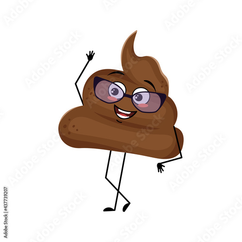Cute shit character with glasses and joyful emotions, smile face, happy eyes, arms and legs. A mischievous turd with eyes. Vector flat illustration