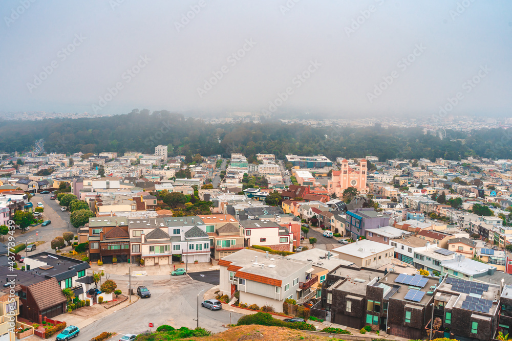 Naklejka premium aerial, aerial view, america, architecture, bay, blue, bridge, building, business, california, city, cityscape, district, downtown, downtown district, dusk, famous place, finance, financial, financial