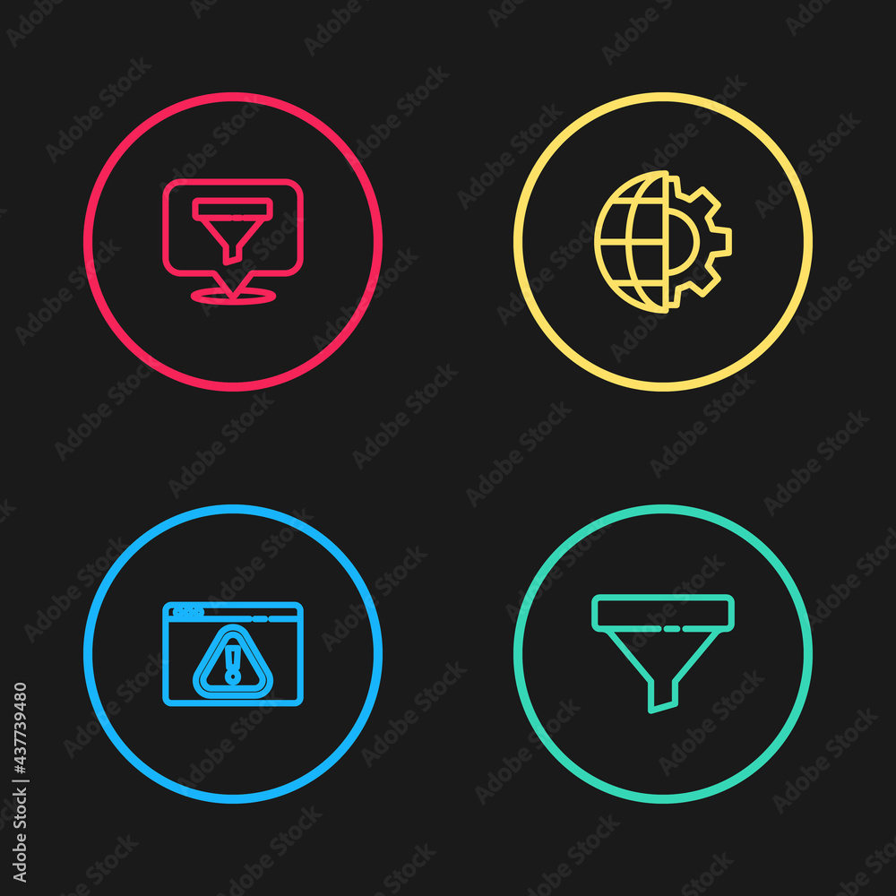 Set line Browser with exclamation mark, Sales funnel, Globe of the Earth and gear and Location sales icon. Vector Set line Browser with exclamation mark, Sales funnel, Globe of the Earth and gear and Location sales icon. Vector