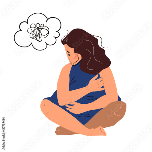Depressed young unhappy girl with bewildered thoughts sitting and hugging pillow. Concept of mental disorder. Colorful vector illustration in flat cartoon style.