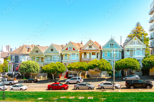 Facades of townhouses with famous Victorian architecture, streets. San Francisco, USA - 17 Apr 2021