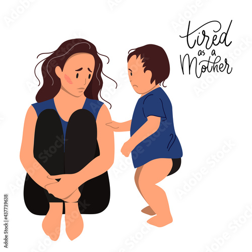 Sad mother sitting on the floor with her crying child. Postpartum depression concept. Colorful vector illustration in flat cartoon style.